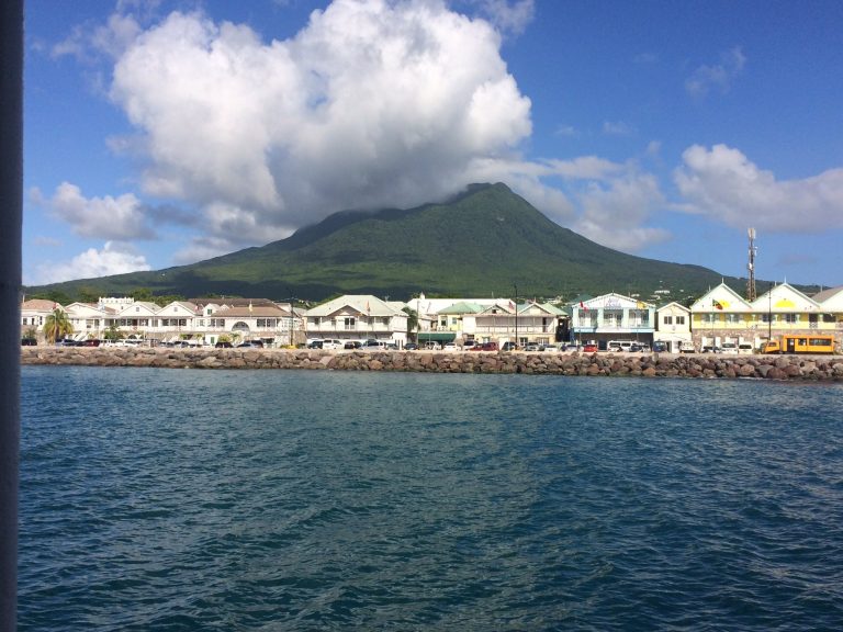 Charlestown waterfront and Nevis Peak seen from the sea