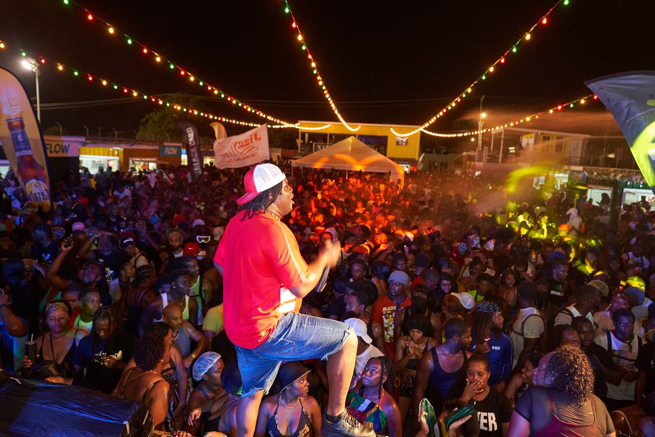 Night-time soca performance and crowd at a Culturama show in Nevis
