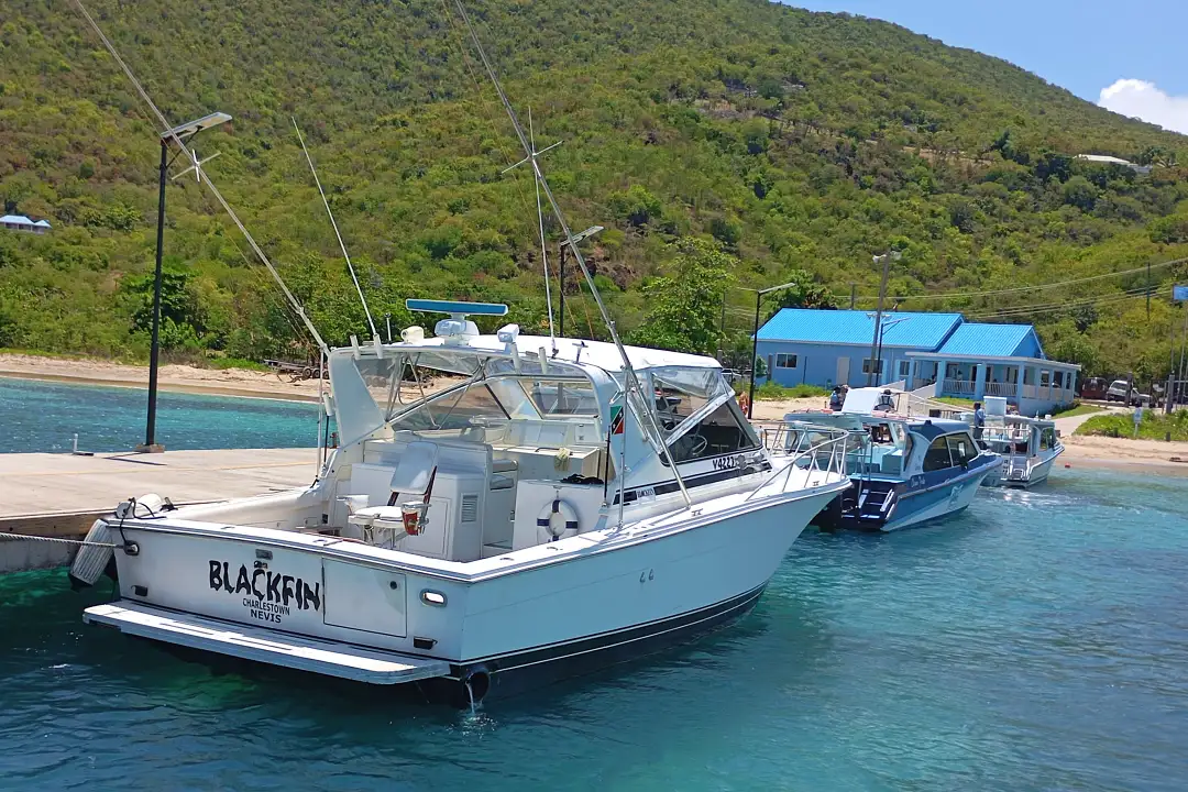 BlackFin Charters private fishing boat moored off Nevis
