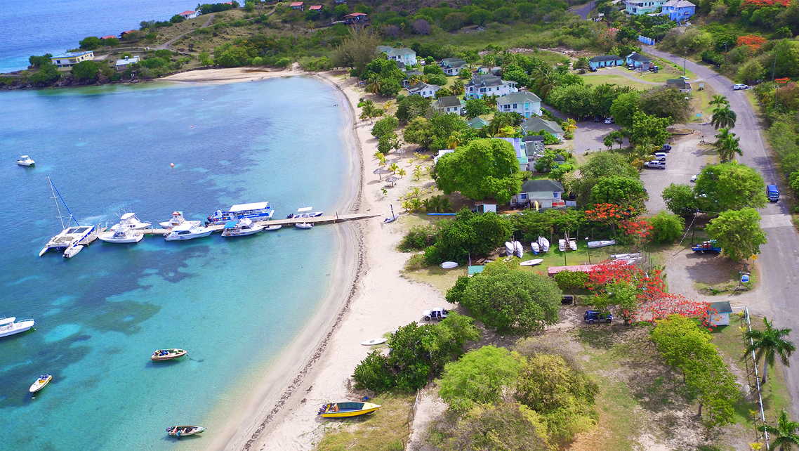 Aerial view of Oualie Beach, Nevis, with the resort buildings beside the water-taxi pier