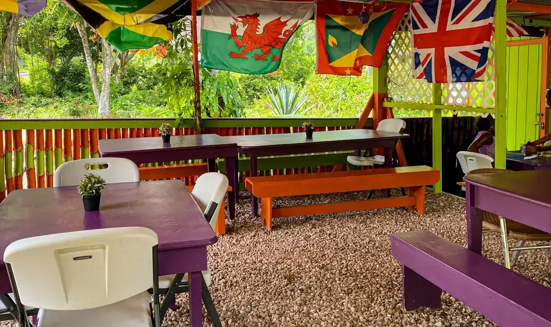 Covered outdoor dining area at Passion Bar and Grill with painted picnic tables and hanging flags