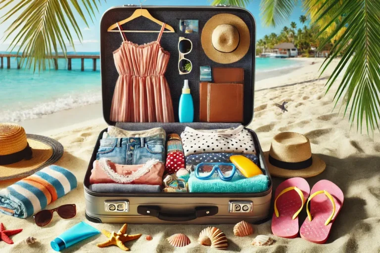 Open suitcase packed for a St. Kitts and Nevis Caribbean holiday