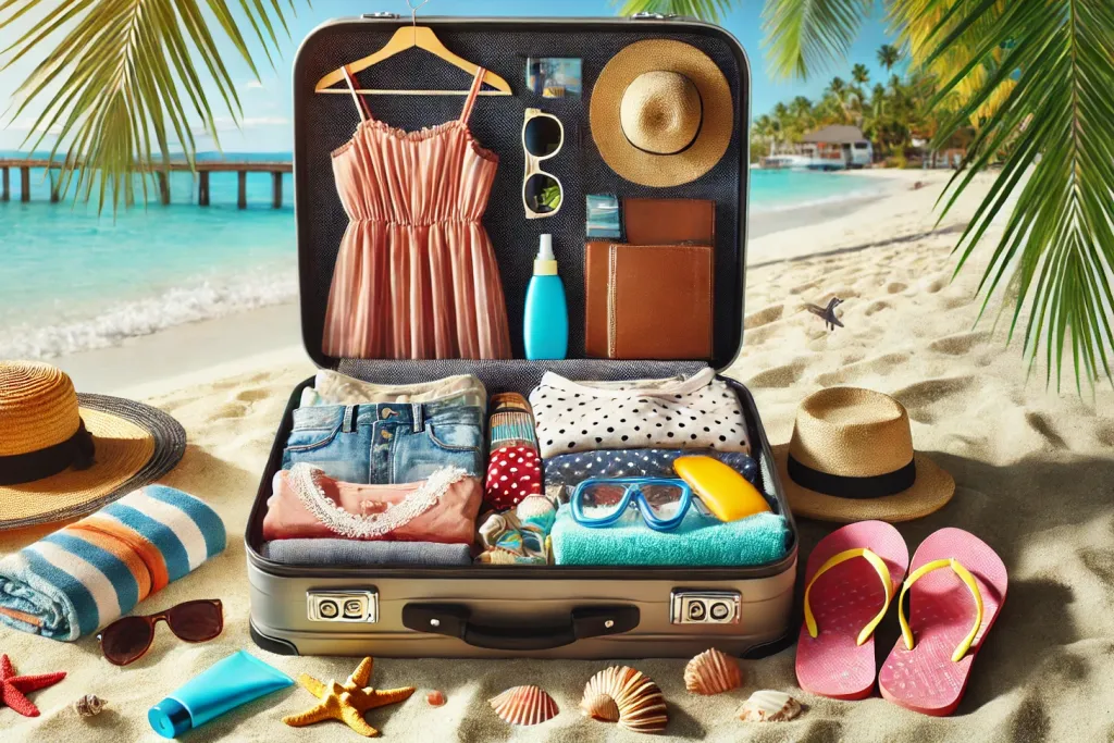 Open suitcase packed for a St. Kitts and Nevis Caribbean holiday